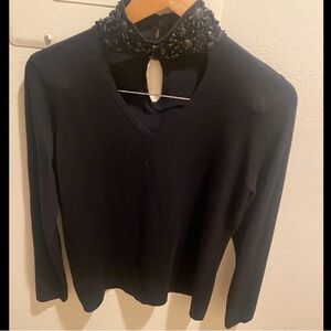 Black Beaded Collar V-Neck Sweater